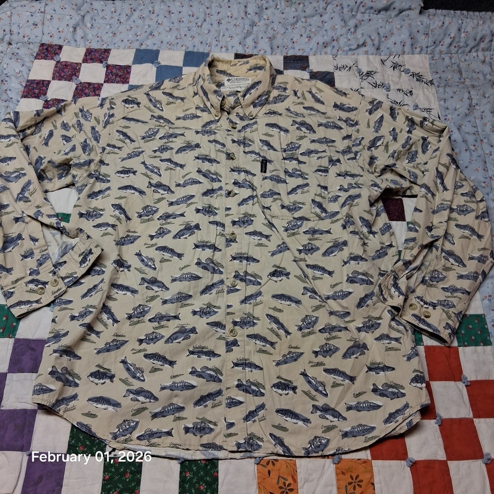 Vintage Columbia Fish Print All Over Long Sleeve Shirt Size Large Beige